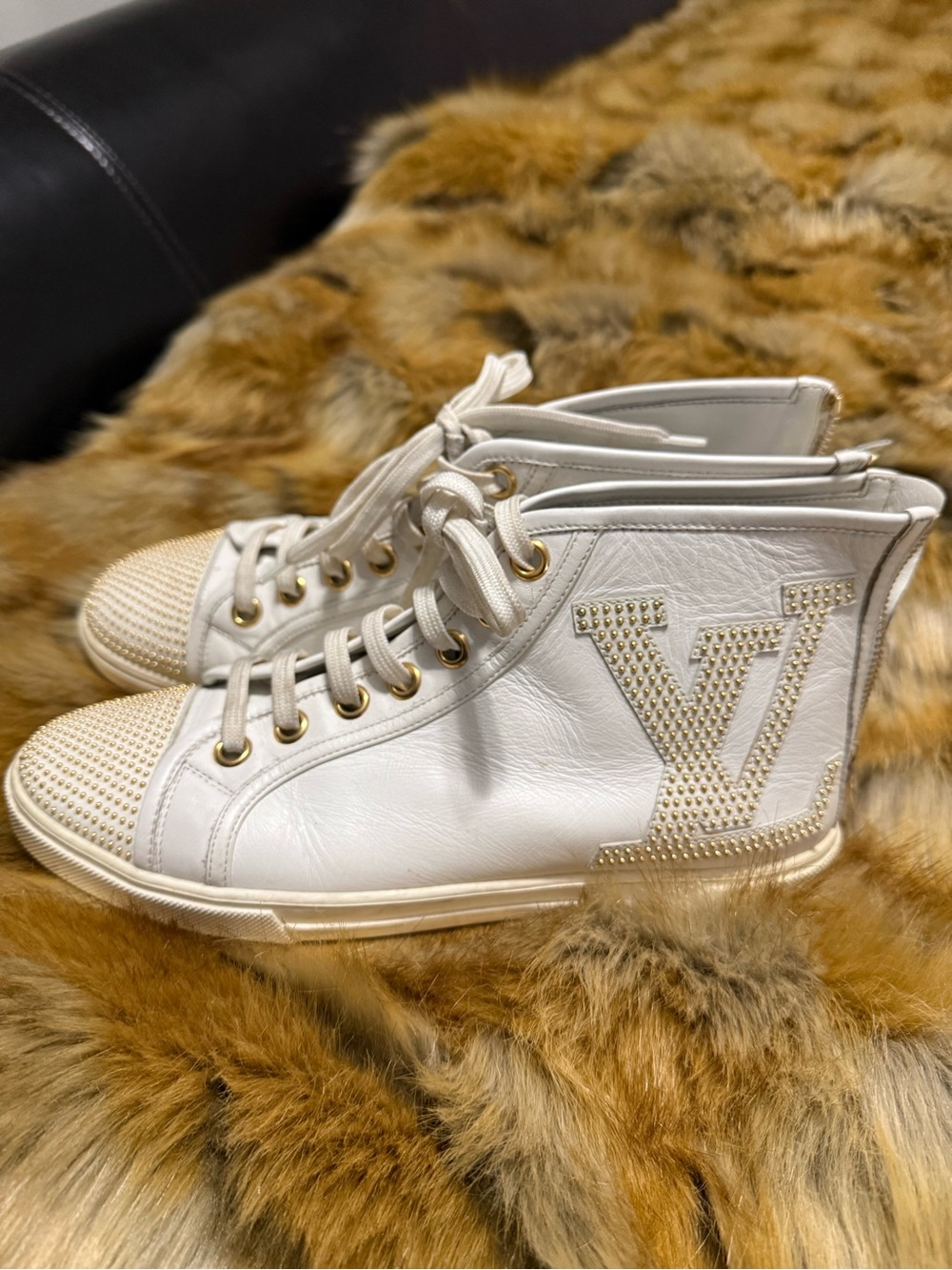 Louis Vuitton White High-Top Sneakers with Gold Stud Logo